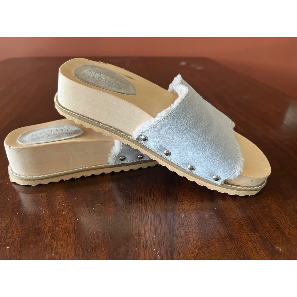 Kathy Van Zeeland Elisha Blue Suede Faux Fur Wood Platform Slide Sandals Size 7